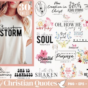 Elegante pacchetto di PNG SVG cristiani / Pacchetto di citazioni religiose SVG l PNG cristiano floreale / Versetto della Bibbia SVG / Salmo SVG / Maglietta SVG di Gesù Dio