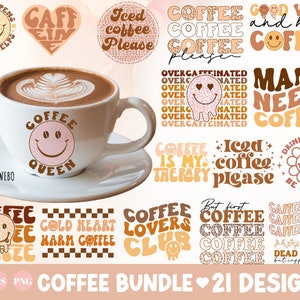 Paquete de tazas de café Svg PNG / Café helado Svg / Pegatinas imprimibles / Diseños de sublimación / Impresión de citas retro / Estilo bohemio / Svg genial
