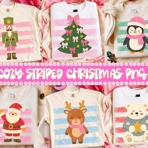 Girly Christmas PNG Bundle, Trendy Striped Xmas Characters, Santa Penguin Reindeer Bear Nutcracker Tree Clipart, Preppy Brushstroke Png