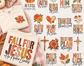 42 Boho Christian Fall PNG Bundle, Faith Quotes Autumn PNG, Front Sleeve Jesus Fall Designs, Bible Verse Fall Png, Floral Sublimation Png