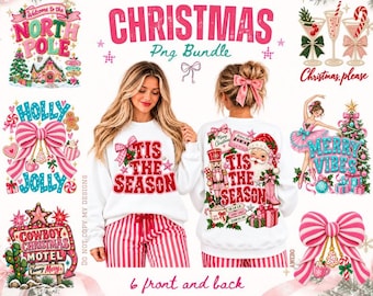 Pink Christmas PNG Bundle, Front Back Shirt Designs, Retro Santa Nutcracker PNG, Whimsical Holiday Digital Download, Faux Chenille Png File