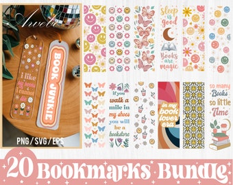 May include: A set of 20 printable bookmarks featuring a variety of designs, including butterflies, smiley faces, flowers, and text. The bookmarks are in a retro style with bright colors and bold fonts. The text on the bookmarks includes phrases like "Book Junkie", "Sleep is good", and "Books are magic".