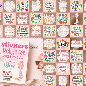 Beautiful Spanish Christian Digital Stickers SVG PNG EPS. Spanish Printable Stickers of Bible Verses with Flowers for Notebooks, Tumblers, Laptops and more.