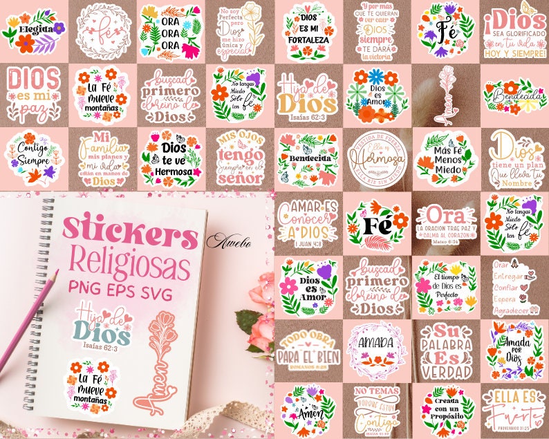 Beautiful Spanish Christian Digital Stickers SVG PNG EPS. Spanish Printable Stickers of Bible Verses with Flowers for Notebooks, Tumblers, Laptops and more.