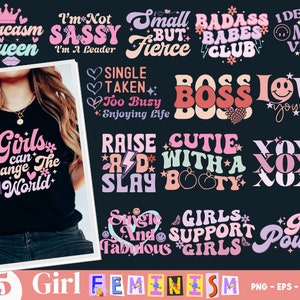 Pacchetto di immagini PNG in formato SVG di "Ragazze femministe", Donne forti e forti in formato SVG, Potere da boss delle ragazze in formato SVG, Ragazze sarcastiche in formato SVG, Amore per se stessi in formato SVG boho, Maglietta alla moda