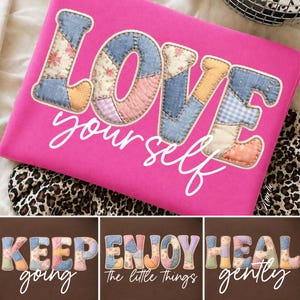 Inspirational Faux Patch PNG Bundle, Retro Positive Quote PNG, Self Love PNG, Patchwork Word Art, Motivational Sublimation Design