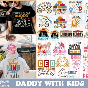 Papa en kinderen bijpassende shirts SVG PNG-bundel, vader en zoon Sng, vader en babyshirt Svg, vader en dochter SVG, kleurrijke vader Quotes Svg Png