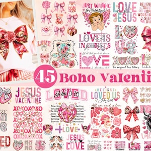 Könnte beinhalten: Eine Collage aus 45 digitalen Designs mit Valentinstag-Motiven. Die Designs beinhalten Herzen, Schleifen, Blumen und Texte wie "Love", "Jesus" und "Valentine".