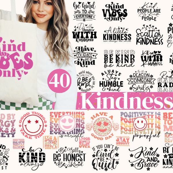 40 Boho Kindness Svg Png Bundle, Retro Quotes Svg, Positive Funny Affirmations, Inspirational Svg, Self Care svg png, Motivational Svg Png