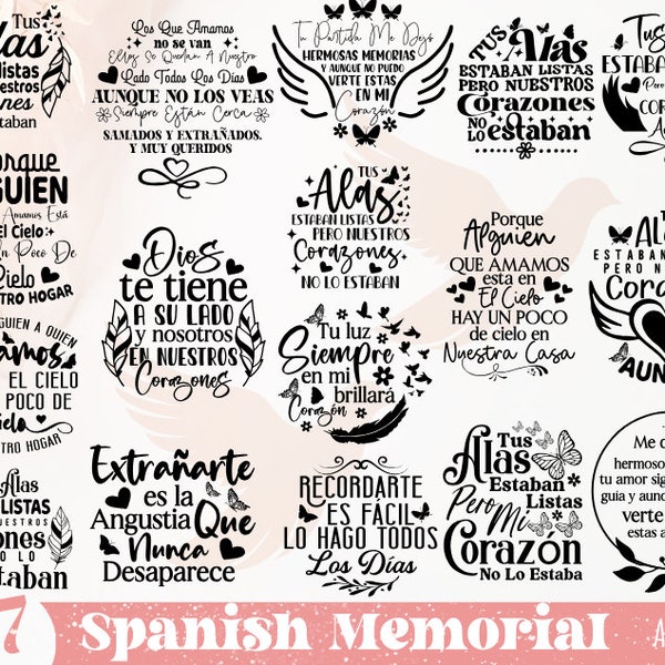 17 Spanish Memorial Svg Png Bundle, Memorial Lantern Svg , Remembrance svg, Tus Alas estaban listas Svg, Recordarte es fácil Svg Png