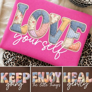 Paquete de imágenes PNG con parches inspiradores, citas positivas retro en formato PNG, amor propio en formato PNG, arte de palabras en patchwork, diseño motivacional para sublimación.