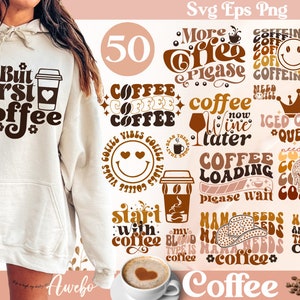 Pacchetto di 50 immagini PNG di caffè retrò in formato SVG, tazza di caffè freddo in formato SVG, caffè ondulato in formato SVG, hippie in formato SVG, estetica alla moda in formato SVG, retrò ondulato in formato SVG, caffeina in formato SVG