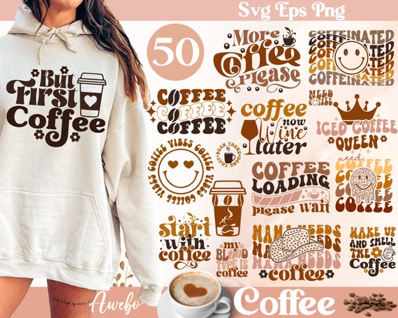 50 Retro Coffee Svg Png Bundle, Iced coffee Mug Svg, Wavy coffee Svg, Hippie Svg, Aesthetic trendy Svg, Retro wavy svg, Caffeine svg
