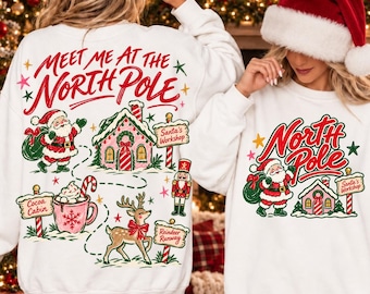 Meet Me at the North Pole PNG, Retro Christmas Village PNG, Santa Nutcracker Front Back Shirt PNG, Hand Drawn Holiday Download