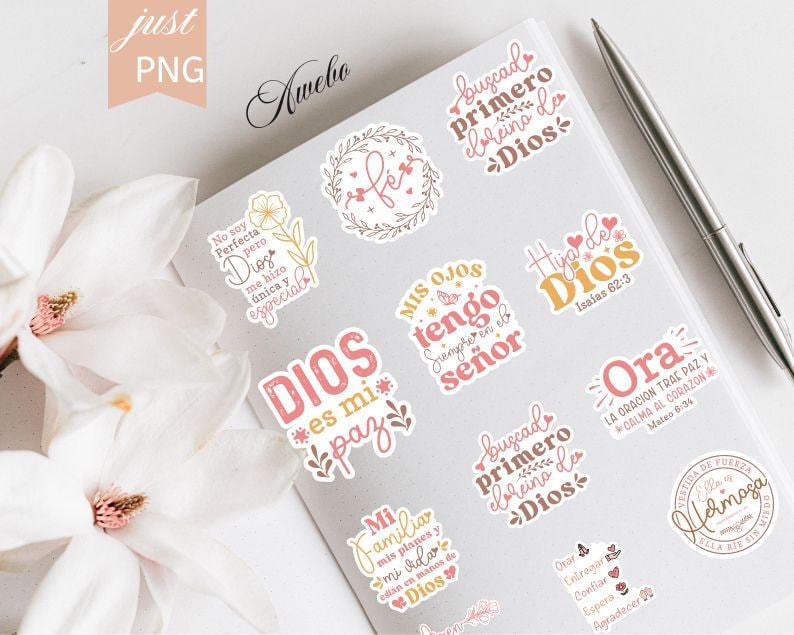 Beautiful Spanish Christian Digital Stickers SVG PNG EPS. Spanish Printable Stickers of Bible Verses with Flowers for Notebooks, Tumblers, Laptops and more.