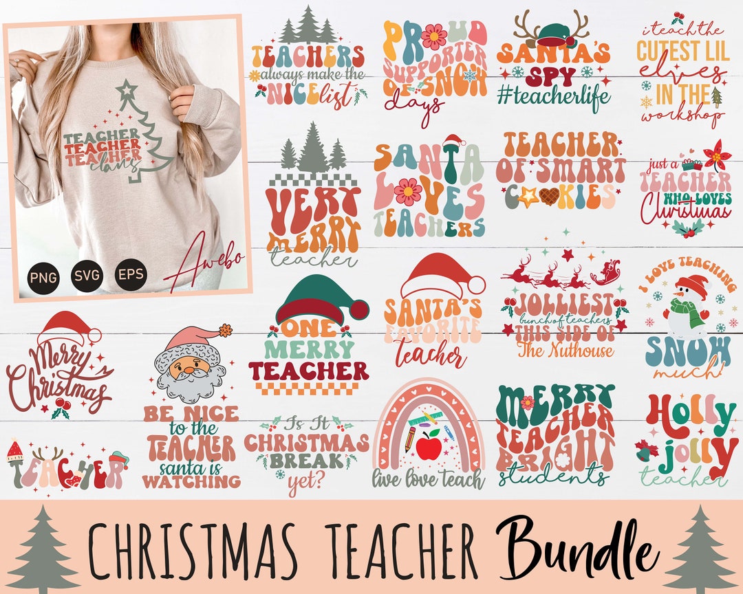 Christmas Teacher Svg Png Bundle, Retro Teacher Christmas Svg, Merry ...