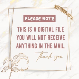 Puede incluir: Un aviso que indica que se trata de un archivo digital con detalles de purpurina dorada y un dise&ntilde;o floral. El texto dice "PLEASE NOTE THIS IS A DIGITAL FILE YOU WILL NOT RECEIVE ANYTHING IN THE MAIL. Thank you."