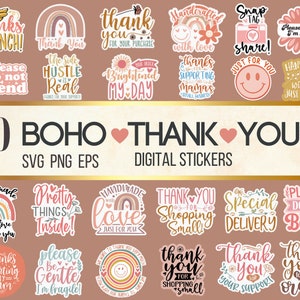 30 Boho thank you stickers SVG PNG bundle | Digital Thank you Printable stickers for small businesses | Hand lettered sticker | Svg Files