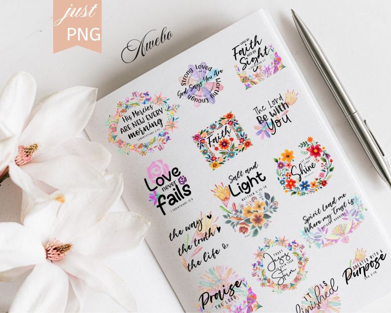 May include: A set of 10 colorful floral stickers with inspirational quotes and bible verses. The stickers feature a variety of floral designs and colors, including pink, purple, blue, and yellow. The quotes include "His Mercies Are New Every Morning", "Love Never Fails", "Faith Sight", "The Lord Be With You", "Salt and Light", "Shine", "Spirit Lead Me Where My Trust Is", "Just Say Yes", "It Is Finished", and "Created With A Purpose".