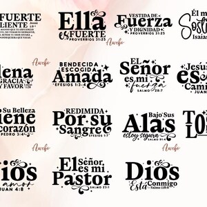 May include: A collection of black text designs with inspirational quotes and religious verses in Spanish. The phrases are in various fonts and styles, with decorative elements. The words include "Fuerza", "Amada", and "Dios".
