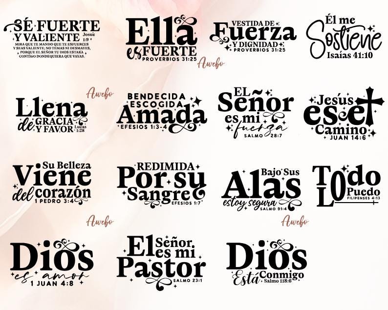 May include: A collection of black text designs with inspirational quotes and religious verses in Spanish. The phrases are in various fonts and styles, with decorative elements. The words include "Fuerza", "Amada", and "Dios".