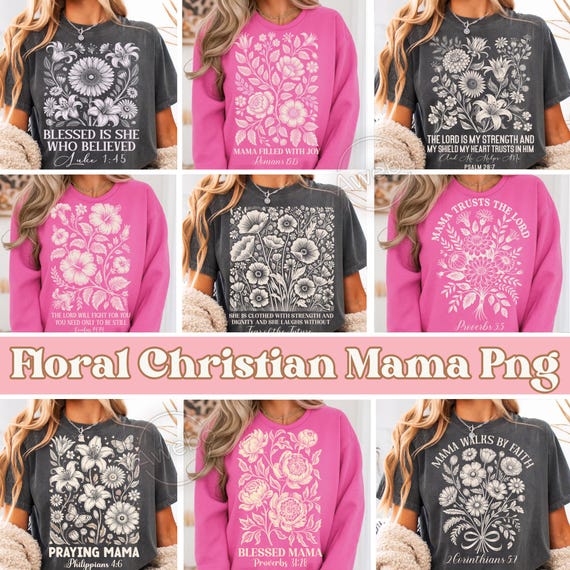 11 Christian Mama PNG Bundle, Vintage Floral Faith Design, Retro Flower Scripture Graphic, Inspirational Mom Quote PNG