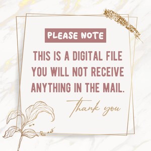 Puede incluir: Un aviso de descarga digital con detalles de purpurina dorada y un dise&ntilde;o floral. El texto dice "PLEASE NOTE THIS IS A DIGITAL FILE YOU WILL NOT RECEIVE ANYTHING IN THE MAIL. Thank you."