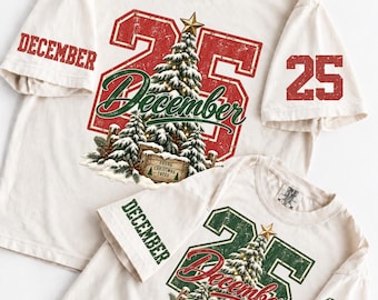 December 25 Christmas PNG, Vintage Varsity Christmas Tree PNG, Collegiate Holiday Shirt Design, Front Sleeve PNG