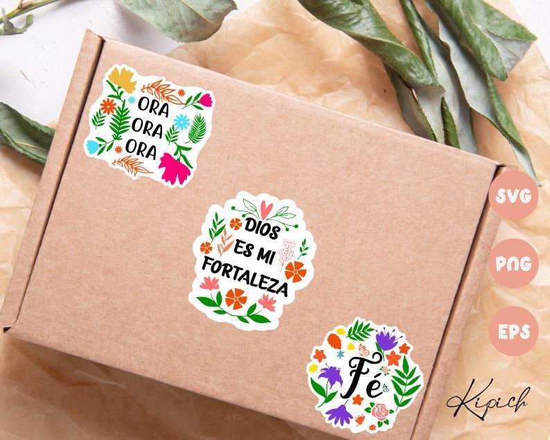 Beautiful Spanish Christian Digital Stickers SVG PNG EPS. Spanish Printable Stickers of Bible Verses with Flowers for Notebooks, Tumblers, Laptops and more.