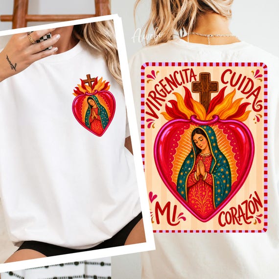 Virgencita Cuida Mi Corazon PNG, Mexican Floral Faith Heart PNG, Catholic Folk Front Back Sublimation, Latina Faith PNG