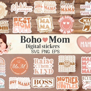 20 Boho Mama Aufkleber SVG-Bundle, Mama Zitate SVG, druckbare Aufkleber, gesegnet SVG, Mama Leben svg, Laptop Aufkleber svg, Retro Aufkleber svg,