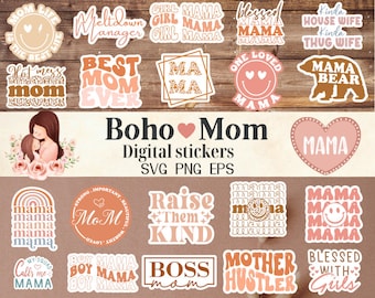 20 Boho Mama Stickers Svg Bundle, Mom Quotes Svg, Printable Stickers, Blessed Svg, Mom Life Svg, Laptop Stickers Svg, Retro Stickers svg,