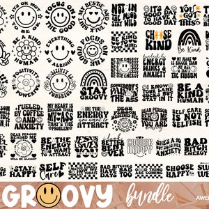 60 Retro Motivations-Groovy-Svg-Png-Bundle, psychisch gesundes Blatt, inspirierendes Buch