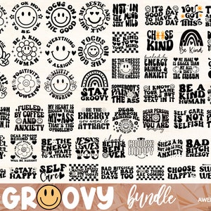 60 Retro Motivational Groovy Svg Png Bundle, Mental Healthy Svg, Inspirational svg, Retro Positive Wavy Quotes svg, Daily Affirmations svg