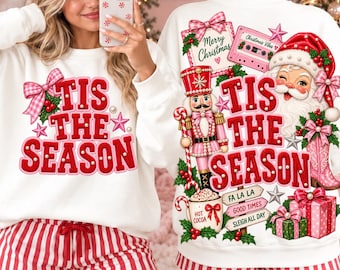 Pink Christmas PNG, Retro Santa Nutcracker PNG, Faux Chenille Front Back Shirt PNG, Holiday Digital Download