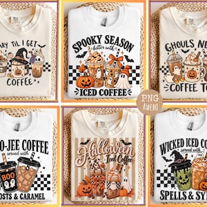 Pode incluir: Uma coleção de seis camisetas brancas e creme com estampas gráficas de Halloween de café gelado, abóboras, fantasmas e morcegos. Os designs incluem textos como Scary Til I Get Coffee, Spooky Season, Ghouls Need Coffee Too, Boo-Jee Coffee, Halloween Iced Coffee e Wicked Iced Coffee.