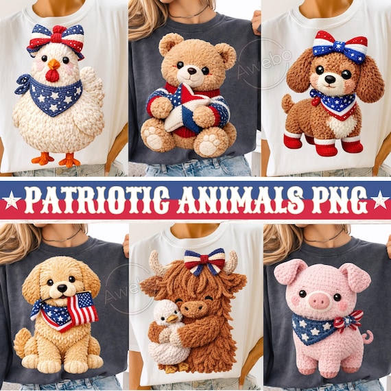 Patriotic Animals PNG Bundle, Chenille Plush USA Animal Designs, Americana Cow Pig Hen Bear Dachshund Download