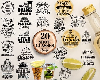Könnte beinhalten: Zwanzig Shotgläser mit verschiedenen Tequila-Motiven. Die Designs beinhalten Sätze wie "Drink Happy Thoughts", "Tequila ist eine gute Idee" und "Trust Me You Can Dance Tequila".
