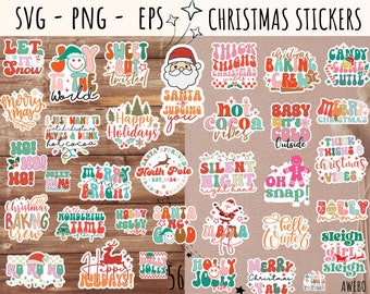 50 Christmas Stickers Svg Png Bundle, Retro Digital Christmas Printable Stickers Svg, Merry and Bright Svg, Christmas Season Svg, Png File