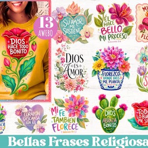 Puede incluir: Una colección digital de 13 diseños gráficos religiosos con ilustraciones florales vibrantes, cactus, corazones y frases inspiradoras en español. El conjunto incluye obras de arte coloridas con tonos rosas, rojos y verdes para diversos proyectos.