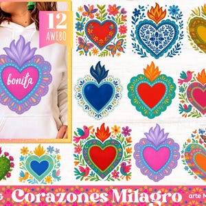 May include: A white hoodie featuring a large, colourful heart design with the word "bonita." The image also displays 12 heart designs with floral and flame motifs. The text "Corazones Milagro" and "arte Mexicano" are at the bottom.