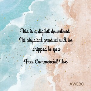 Puede incluir: Un gr&aacute;fico de descarga digital con un fondo de acuarela azul y melocot&oacute;n con estrellas doradas. El texto dice: "Esta es una descarga digital. No se enviar&aacute; ning&uacute;n producto f&iacute;sico. Uso comercial gratuito. AWEBO"