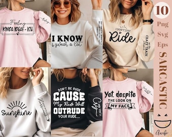 Lot de 10 sarcasmes sur le devant et les manches chemise SVG PNG, citations drôles Svg, Svg sarcastique rétro, dictons sarcastiques Svg, humour adulte Svg, fichier Png