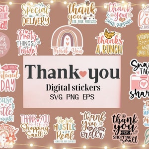 Pacote com 30 adesivos Boho de agradecimento SVG PNG | Adesivos imprimíveis para pequenas empresas | Adesivos com letras feitas à mão | Etiquetas para embalagens | SVG