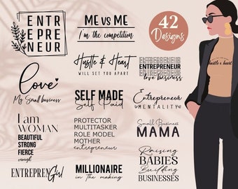 May include: A collection of 42 motivational quotes for entrepreneurs, featuring phrases such as "Hustle & Heart", "Self Made Self Paid", and "Entrepreneur Mentality". The quotes are displayed in a black and white colour scheme on a pink background.