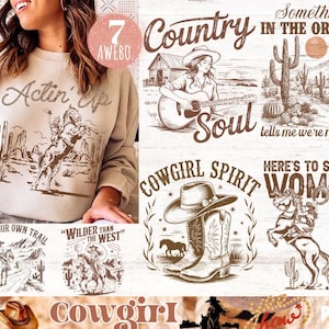 Cowgirl PNG EPS Bundle, Cowgirl Spirit PNG, Western Rodeo Png, Strong Country Women Shirt, Rustic Cowgirl Graphic, Retro Wild West Png