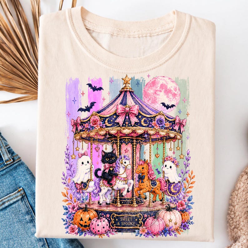 May include: A cream-colored t-shirt featuring a graphic of a carousel with a black cat, a pony, and two ghosts. The design includes a pink moon, bats, and pumpkins at the base. The text "SWEET & SPOOKY" is printed on the carousel base in a dark font.
