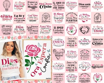 May include: A pink and white digital collage of inspirational quotes and images. The collage features a variety of religious and spiritual themes, including love, faith, hope, and prayer. The images include a light bulb, a cross, a rose, and a heart. The text includes phrases such as "El Amor es la Esencia de Dios", "Dios esta conmigo", and "Ora Espera Confia".