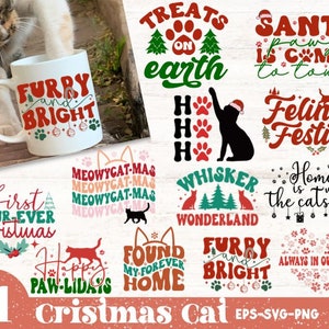 Pacchetto di 11 gatti natalizi in formato SVG PNG, Gatto retrò natalizio in formato SVG, Natale con animali domestici in formato SVG, Natale miagolante in formato SVG, Ornamento di gatto in formato SVG, Gatto divertente in formato SVG, File PNG
