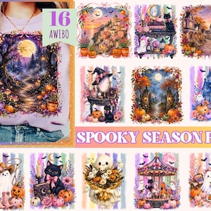 May include: A collection of 16 digital graphic designs featuring Halloween themes including pumpkins, black cats, ghosts, haunted houses, and autumn landscapes. The text 16 AWEBO and SPOOKY SEASON PNG is visible. These illustrations are displayed on a t-shirt.